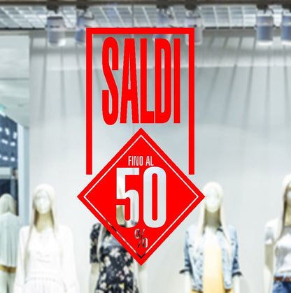 Adesivo stencil Vetrofania Saldi con percentuale incastonato a Rombo