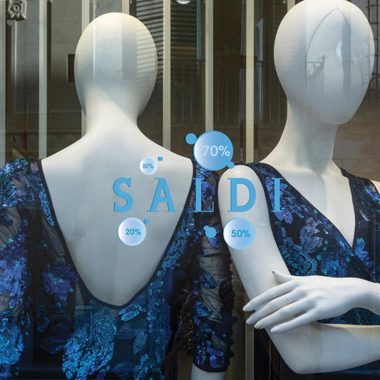 Adesivo Saldi con percentuale in cerchi azzurri