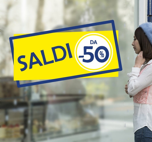 Stickers Vetrofania con scritta Saldi inclinata e Cerchio con Percentuale