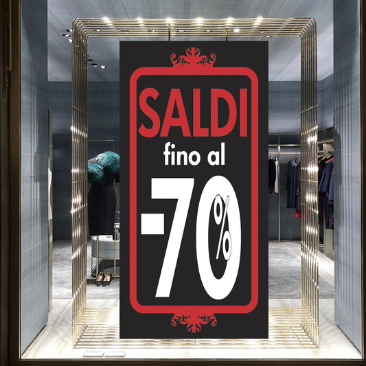 Fondale Vetrina Saldi rosso e nero fino al 70%